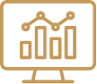Gold analytics chart on a computer monitor icon on white background