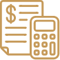 Invoice and calculator icon in gold outline on white background