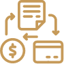 Gold icon of a receipt, arrows, dollar sign, and credit card showing payment flow